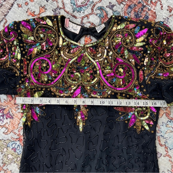 Vintage 80s Lawrence Kazar Embellished multicolor Sequin Cocktail Dress size PL - Picture 14 of 17